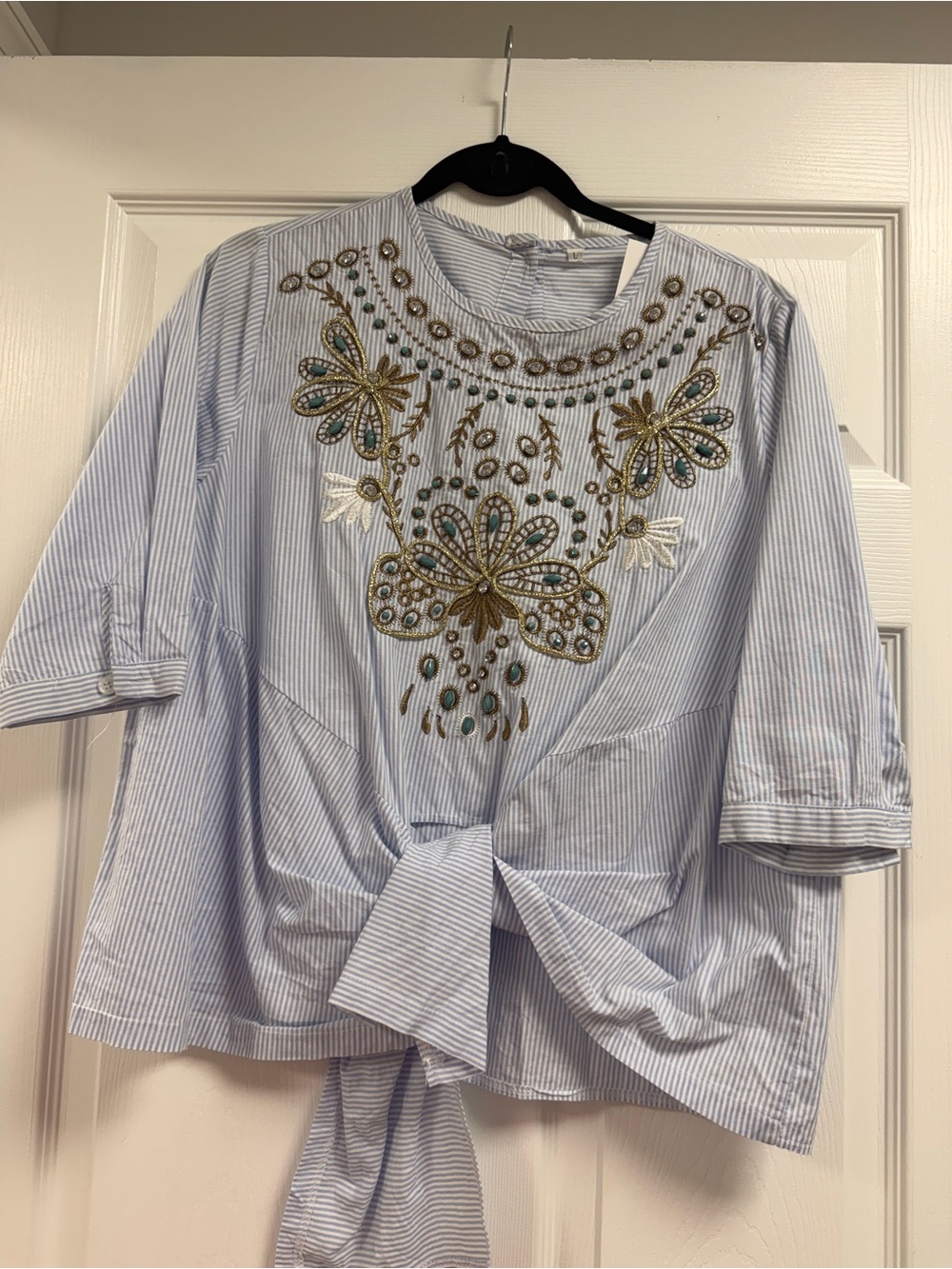 Unknown Embellished Light Blue Striped Tie-Front Women’s Top
